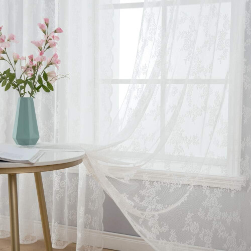 Hvite blomstermønstrede blondegardiner, stanglomme, 1 panel 1