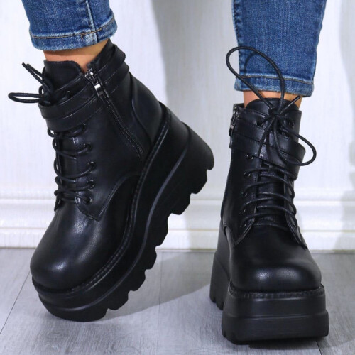 Μπότες Shldybc Chunky Platforms για γυναίκες, Casual Plus Size Retro Flat Bottom Shoes με κορδόνια και