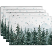 Set van 4 placemats met winterse dennen- en sneeuwvlokmotief, 30 x 45 cm