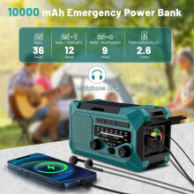 Raidió Éigeandála le AM/FM, Cumhacht 3-Bhealach, Banc Cumhachta 10000mAh, Tóirse, SOS, Teirmiméadar & Compás
