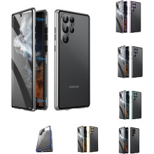 Privacy magnetische dubbelzijdige hoes van gehard glas voor Samsung S21-25-serie (Privacy-zilver)