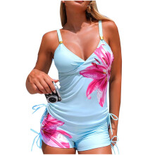 Costume da bagno da donna, bikini a due pezzi con spalline a fiori e design a blocchi di colore, vestibilità regolabile, comodo per la piscina, la