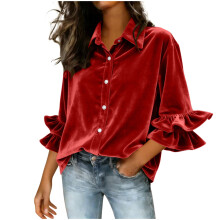 Damenbluse mit Rüschen, Dreiviertelärmeln, Knopfleiste und lockerem Schnitt aus weichem Polyester – ideal für Freizeit, Büro und Partys