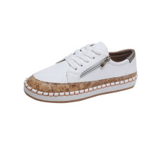 Mocassins femininos de lona, macios e confortáveis, para uso casual, com bico redondo, cano baixo e fechamento por cadarço/zíper – Branco 36