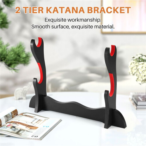 2 Tier Katana Samurai Sword Holder Black Bracket Hanger Red Cotton Display Stand