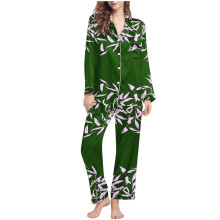 Dame silke satin pyjamassæt blødt langærmet knaplukning 2-delt nattøj loungewear S-2XL