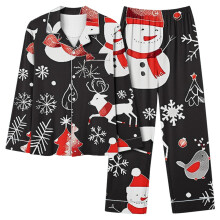 Pyjama élégant de Noël à imprimé bonhomme de neige, haut à manches longues et col en V, pantalon à taille élastique, tailles S à 2XL.