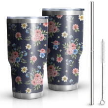 Vaso térmico con aislamiento al vacío de 30 oz con estampado floral y tapa.