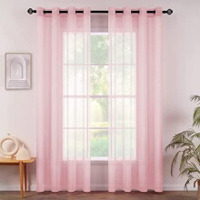 Baby Pink Semi-Sheer Grommet Curtains (54x84"), Linen-Textured Voile Panels for Bedroom/Living Room