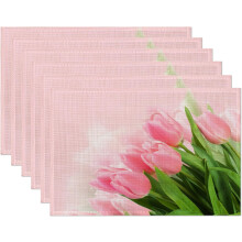 Set van 6 roze placemats met glitter en tulpenmotief, 30 x 45 cm, waterdicht, antislip en wasbaar, voor keuken, eetkamer en feestdecoratie.