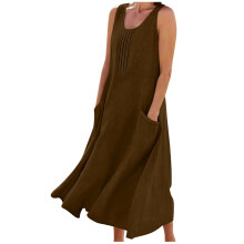Abito casual da donna, tinta unita, scollo a V, senza maniche, con tasche, lungo fino ai piedi, in misto cotone e lino, fluido e comodo per l'estate,