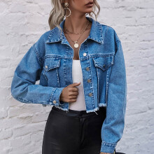 Beskårne denimjakker for kvinner Trendy langermet enkeltspent jeansjakke
