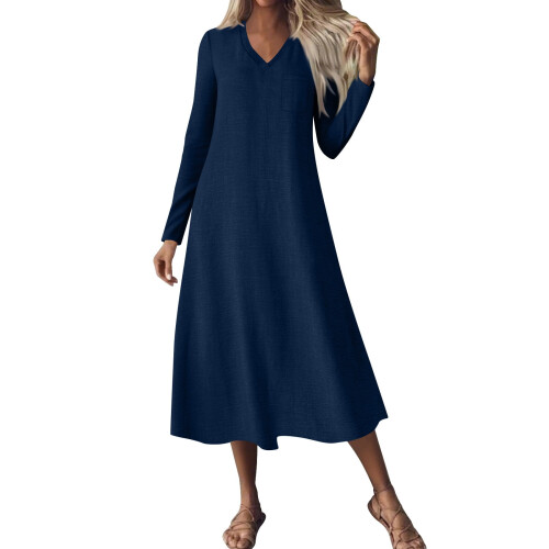 Γυναικεία Φορέματα Casual Φόρεμα με V-Neck Μακρυμάνικο Μονόχρωμο Καθημερινό Άνετο 1