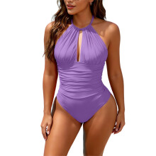 Dame badedragt, ensfarvet bikini med rygløs stropper, farveblokende off-shoulder-top, behagelig til svømning og strand.