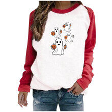 Dam Halloween-tröja med rund hals - Plusstorlek långärmad, läskigt tryck, höstens essentials, casual, hem/utomhus, S-3XL
