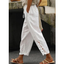 Calça feminina casual, leve, com cordão na cintura, elástico e bolsos, tamanhos P-XXG.