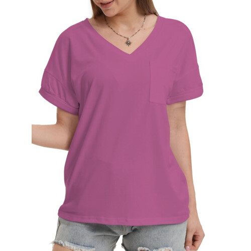 Γυναικεία T-shirts με κοντομάνικα και V λαιμόκοψη, καλοκαιρινά μπλουζάκια με τσέπη