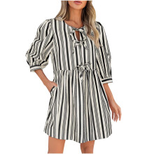 Robe babydoll rayée d'été pour femme, manches 3/4, taille élastiquée avec cordon de serrage, poches, tailles S à 2XL, en polycoton stretch