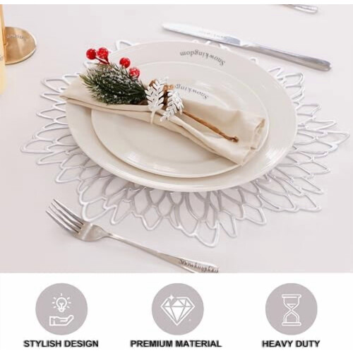 Silver Glitter Vinyl Placemats Round Leaf 18-Pack 2