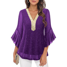 Damtoppar Elegant Casual Volang 3/4-ärm Glittriga toppar Paljett V-ringning Chiffong Böljande blusar Skjortor