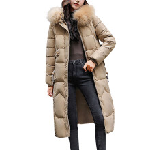 Kukoosong Lange Steppjacke für Damen, Winter, dick gefüttert, warm, langärmelig, mit Reißverschluss und Kapuze aus Kunstpelz