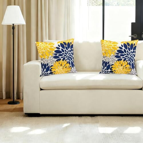 Conjunto de 2 capas de almofada decorativas em linho, nas cores azul e amarelo, 56x56cm (22x22 polegadas). 1