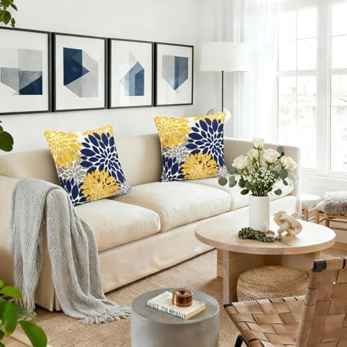 Conjunto de 2 capas de almofada decorativas em linho, nas cores azul e amarelo, 56x56cm (22x22 polegadas). 2