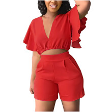 Trendi nyári ruhák nőknek, női fodros rövid ujjú V-nyakú felső, lezser rövidnadrág, nyári plus size női öltönyök