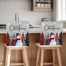 Conjunto de 6 capas de cadeira natalinas com estampa de boneco de neve e árvore de Natal. Elásticas, removíveis e laváveis, compatíveis com