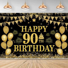 Decorações para festa de 90 anos – Banner preto e dourado, placa de boas-vindas, para uso interno e externo (180 x 114 cm), compatível com todas