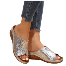 Sandali da donna comodi, sandali da donna, sandali da spiaggia estivi casual e alla moda con zeppa e motivo a bocca di pesce, colore argento, taglia
