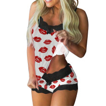 Completo pigiama natalizio da donna in due pezzi con inserti in pizzo, stampa, senza maniche, canotta, pantaloncini, comodo abbigliamento da notte
