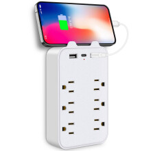 Cosantóir Borrtha 9-in-1Síneadh 6-Asraon le 2 Chalafort USB & 1USB-C Stiall Asraonta Ilbhreiseáin Cuibheoir Balla Spásáilte le haghaidh Taistil