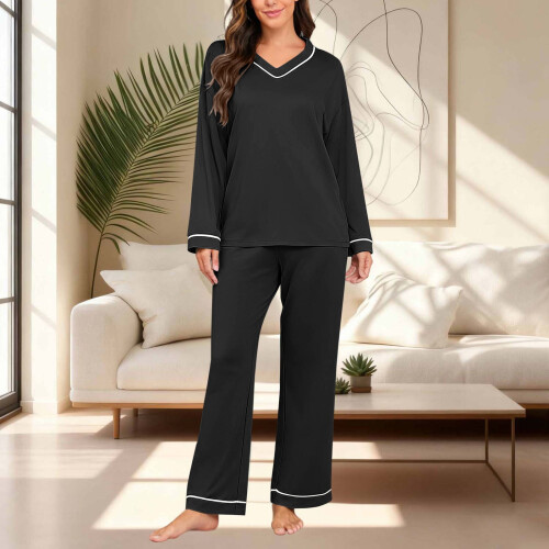 Conjunto de pijama feminino com decote em V, mangas compridas e calça.