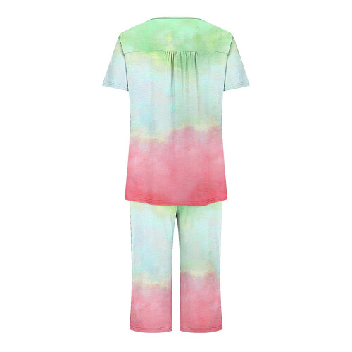 Σετ 2 τεμαχίων γυναικεία πιτζάμα Tie Dye με κοντό μανίκι, παντελόνι Capri με τσέπες, για 2
