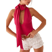 Neckholder-Top mit Schal für Damen, ärmellos, rückenfrei, kurzes Tanktop, sexy Crop-Top mit tiefem V-Ausschnitt, Y2K-Ausgeh-Tops, Schwarz