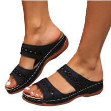 Schwarze Keilsandalen für Damen, lässige und bequeme Sandalen für Frühling/Sommer 2025 – Große Größen, auch für breite Füße geeignet