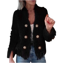 Kukoosong Damen-Tweedblazer, zweireihig, offen, mit Fransenquasten, kurzer, lässiger Stil