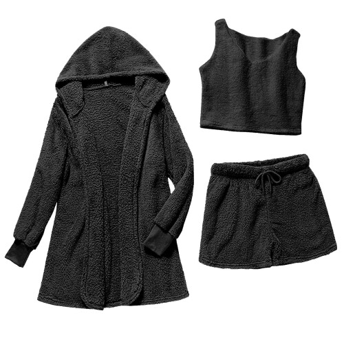 QLEICOM Γυναικεία Σέξι Fuzzy3Piece Ρούχα Ζεστό Φλις Ζακέτα με Κουκούλα Crop Top Σετ Σορτς 2