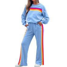 2-delige set voor dames: regenbooggestreepte trui, sweatshirt en bijpassende wijde broek, lounge trainingspak, blauw XL