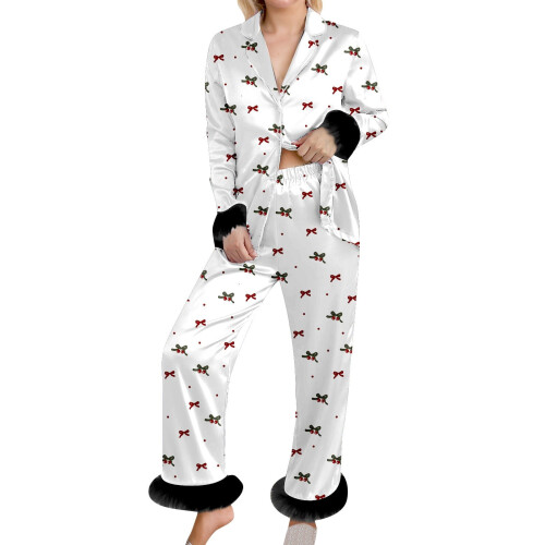 Dame flannel pyjamassæt med sløjfeprint, 2 dele