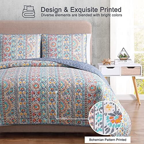 Ensemble de courtepointe bohème Queen, réversible à rayures en microfibre (1 1
