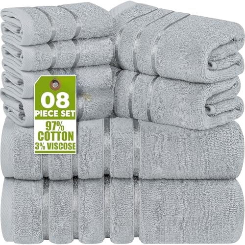 Ensemble de 8 serviettes de luxe rayées en coton viscose 600 g/m²
