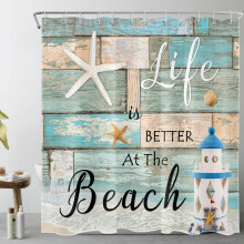 Cortina de ducha con diseño de playa oceánica, 72x78", diseño náutico de estrellas de mar y faro, estilo rústico vintage, tela con ganchos,