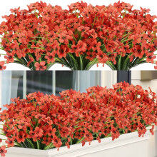 Set van 12 UV-bestendige kunstvioletjes voor binnen- en buitendecoratie, tuin, terras en bruiloften – Oranjerood