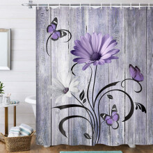Cortina de ducha rústica con estampado floral de margaritas y mariposas moradas, 70 x 84 pulgadas, 12 ganchos, compatible con barras de ducha