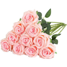 10 rosas artificiais de seda rosa claro com hastes longas – para buquê de casamento, arranjo de mesa e decoração de casa (compatível com