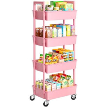 Chariot à roulettes à 4 niveaux, en plastique avec roues verrouillables et poignée renforcée, rangement léger et pratique pour chambre d'enfant,