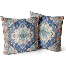 Fodere per cuscini decorativi Boho 24x24", set da 2, in cotone double-face, morbide fodere decorative per divano/letto (blu)