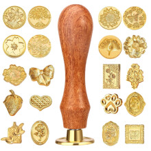 Set van 21 lakzegelstempels, vintage gouden lakzegelstempelkop met houten handvat, voor brieven, scrapbooks en uitnodigingskaarten (20 patronen)